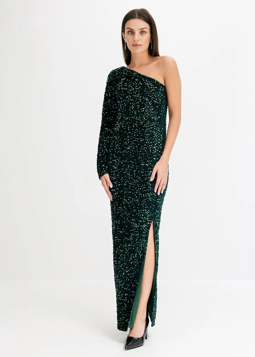 Bonprix Modern Und Feminin: Maxikleid Mit One-Shoulder Aus Softem Samt Mit Pailletten Und Langem Schlitz