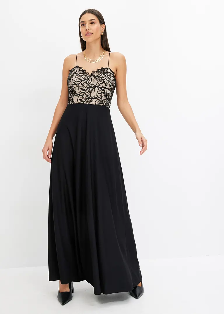 Bonprix Modern Und Feminin: Midikleid Mit Rock Aus Fester Scuba-Qualität Und Spitze Mit Hautfarbenem Futter Im Oberteil