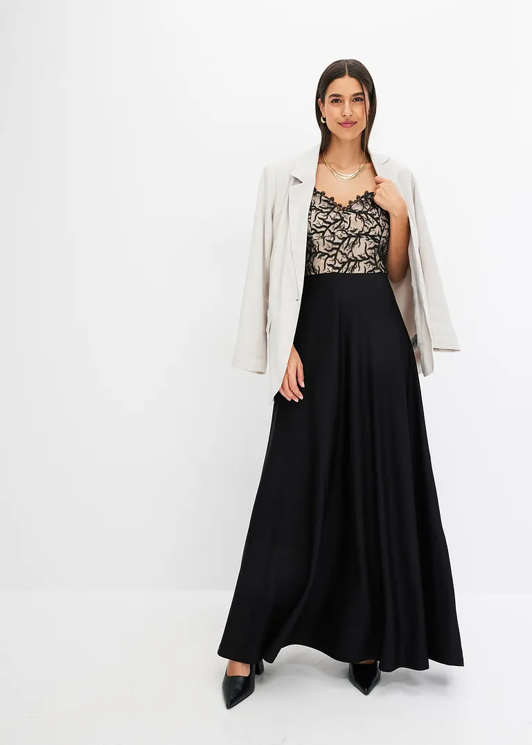 Bonprix Modern Und Feminin: Midikleid Mit Rock Aus Fester Scuba-Qualität Und Spitze Mit Hautfarbenem Futter Im Oberteil