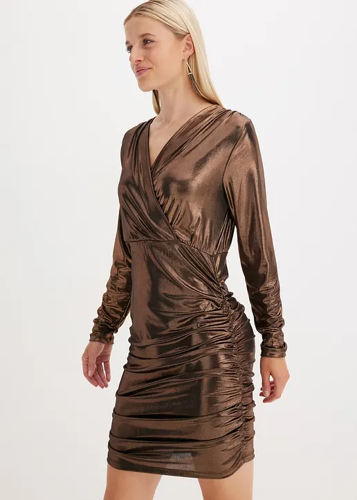 Bonprix Modern Und Feminin: Minikleid Aus Jersey Mit Einer Glänzenden Beschichtung. Mit Dem Wickel-Optik Und Der Raffungen Macht Es Das Kleid Zu Einem Wahren Eye-Catcher