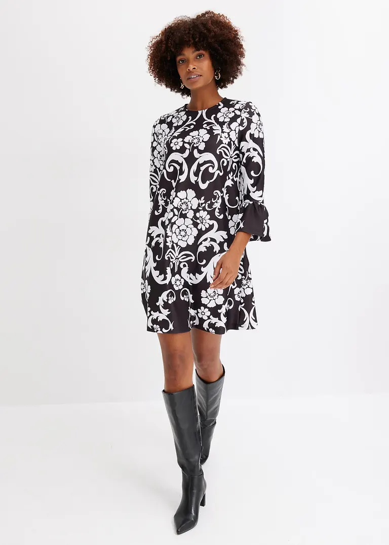 Bonprix Modern Und Feminin: Minikleid Mit Volant-Ärmeln Und Floralem Print In Fester Scuba-Qualität