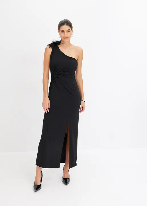 Bonprix Modern Und Feminin: One-Shoulder-Kleid Aus Jersey In Maxi-Länge Mit Detail Aus Kunstfedern An Der Schulter