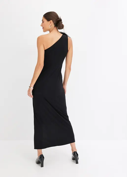 Bonprix Modern Und Feminin: One-Shoulder-Kleid Aus Jersey In Maxi-Länge Mit Detail Aus Kunstfedern An Der Schulter