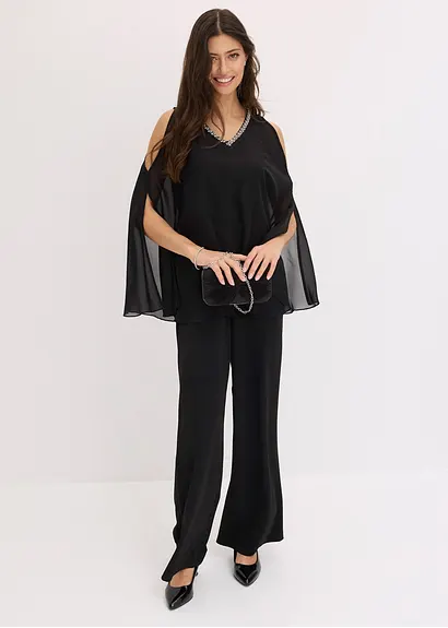 Bonprix Modern Und Feminin: Overall Aus Strukturiertem Crepe Mit Kaschierendem Überwurf Aus Feinem Chiffon Und Strasssteinverzierungen Am Ausschnitt