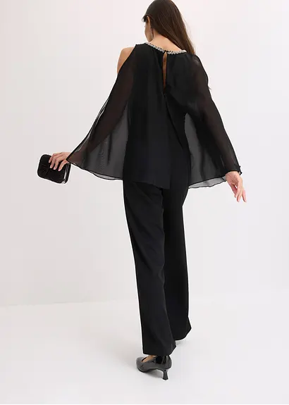 Bonprix Modern Und Feminin: Overall Aus Strukturiertem Crepe Mit Kaschierendem Überwurf Aus Feinem Chiffon Und Strasssteinverzierungen Am Ausschnitt