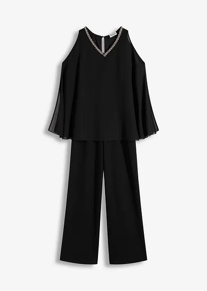 bonprix Modern und feminin: Overall aus strukturiertem Crepe mit kaschierendem Überwurf aus feinem Chiffon und Strasssteinverzierungen am Ausschnitt