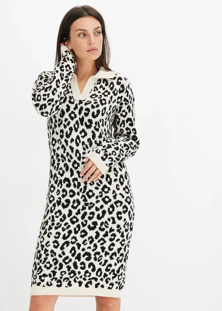 Bonprix Modern Und Feminin: Strickkleid Mit Jacquard-Muster Und Kragen