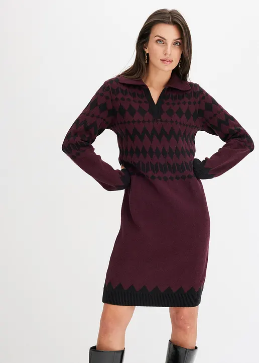 Bonprix Modern Und Feminin: Strickkleid Mit Jacquard-Muster Und Kragen