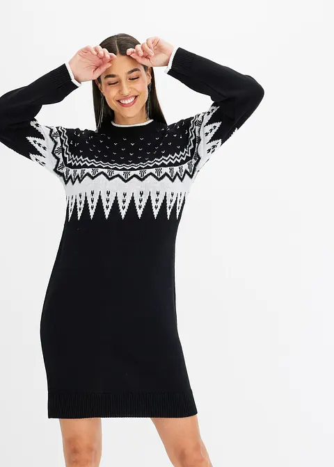 Bonprix Modern Und Feminin: Strickkleid Mit Jaquard-Muster - Schwarz