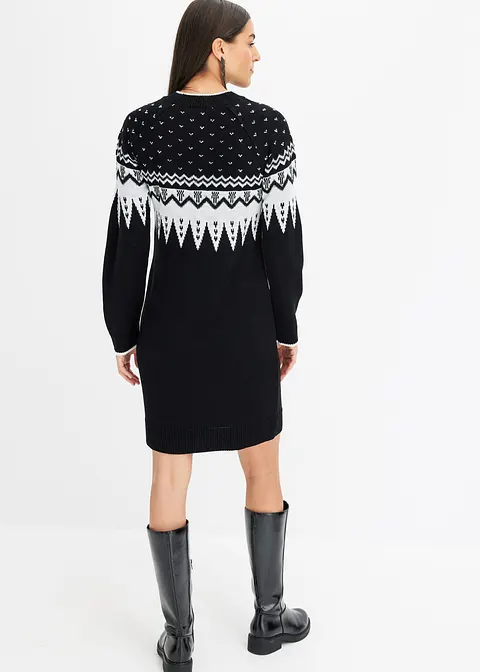 Bonprix Modern Und Feminin: Strickkleid Mit Jaquard-Muster - Schwarz