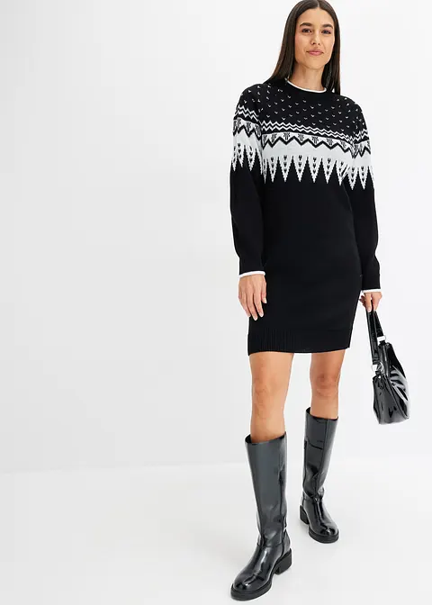Bonprix Modern Und Feminin: Strickkleid Mit Jaquard-Muster - Schwarz