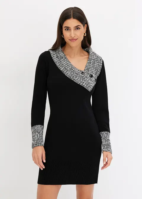 Bonprix Modern Und Feminin: Strickkleid Mit Kontrast-Schalkragen Und Ärmelbündchen
