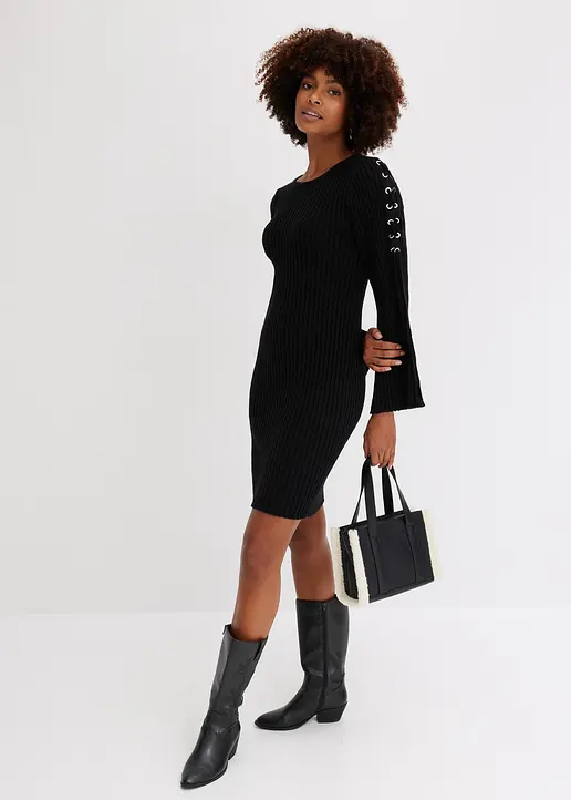 Bonprix Modern Und Feminin: Strickkleid Mit Rippmuster Und Schnürungen An Den Ärmel