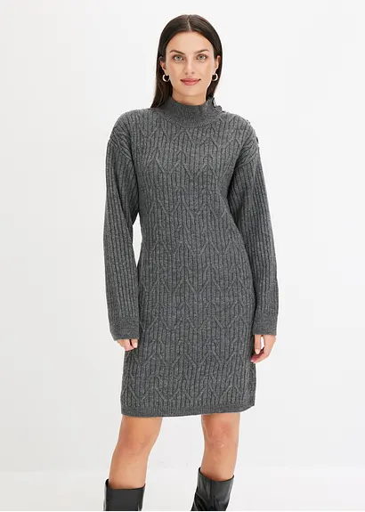 Bonprix Modern Und Feminin: Strickkleid Mit Zopf- Und Ripp-Muster - Grau