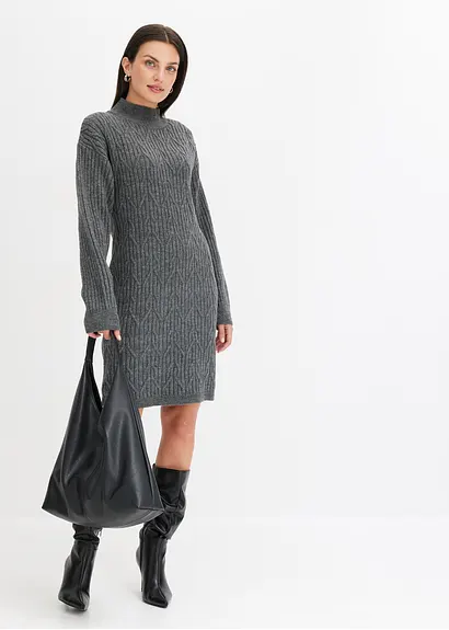 Bonprix Modern Und Feminin: Strickkleid Mit Zopf- Und Ripp-Muster - Grau