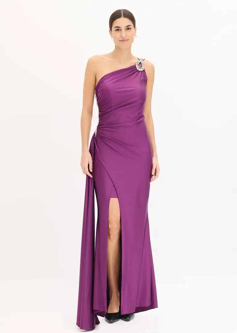 Bonprix Modern Und Sexy: Abendkleid Aus Glänzendem Jersey Mit Strassstein-Applikationen Und Raffungen