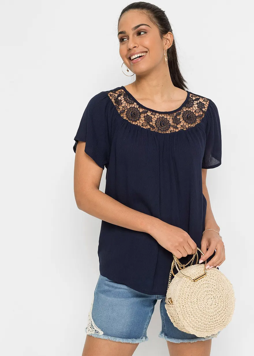 Bonprix Moderne Bluse Mit Hochwertiger Spitze - Blau - Damen