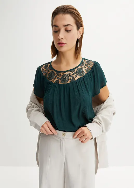 Bonprix Moderne Bluse Mit Hochwertiger Spitze - Grün - Damen