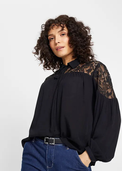 Bonprix Moderne Bluse Mit Hochwertiger Spitze Und Kragen - Schwarz