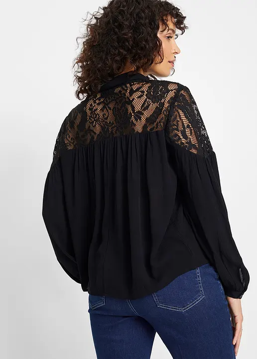 Bonprix Moderne Bluse Mit Hochwertiger Spitze Und Kragen - Schwarz
