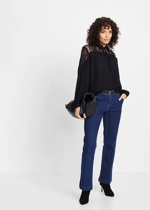 Bonprix Moderne Bluse Mit Hochwertiger Spitze Und Kragen - Schwarz