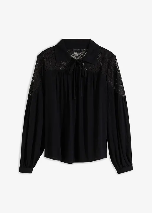 bonprix Moderne Bluse mit hochwertiger Spitze und Kragen - schwarz