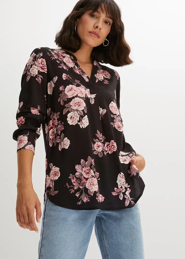 Bonprix Moderne Bluse Mit Seitenschlitzen Und Abgerundetem Saum - Schwarz