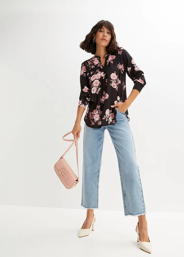 Bonprix Moderne Bluse Mit Seitenschlitzen Und Abgerundetem Saum - Schwarz