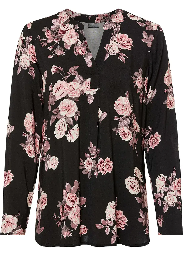 bonprix Moderne Bluse mit Seitenschlitzen und abgerundetem Saum - schwarz