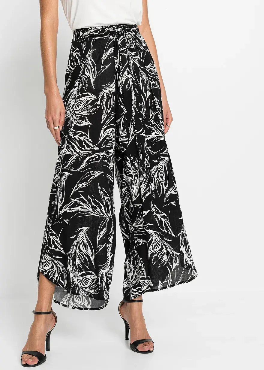 Bonprix Moderne Hose Mit Bindegürtel Und Schönem Druck - Schwarz - Damen