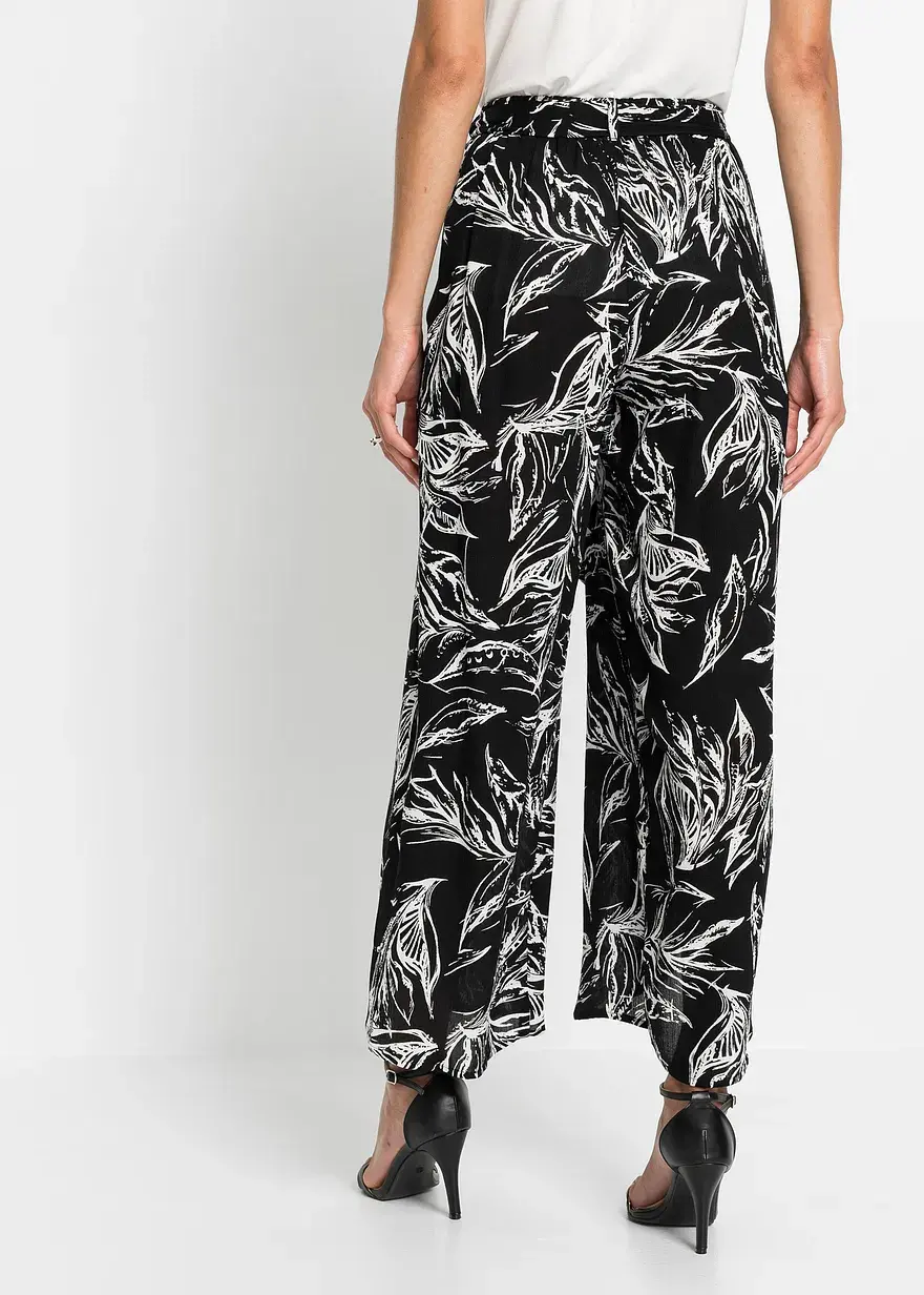 Bonprix Moderne Hose Mit Bindegürtel Und Schönem Druck - Schwarz - Damen