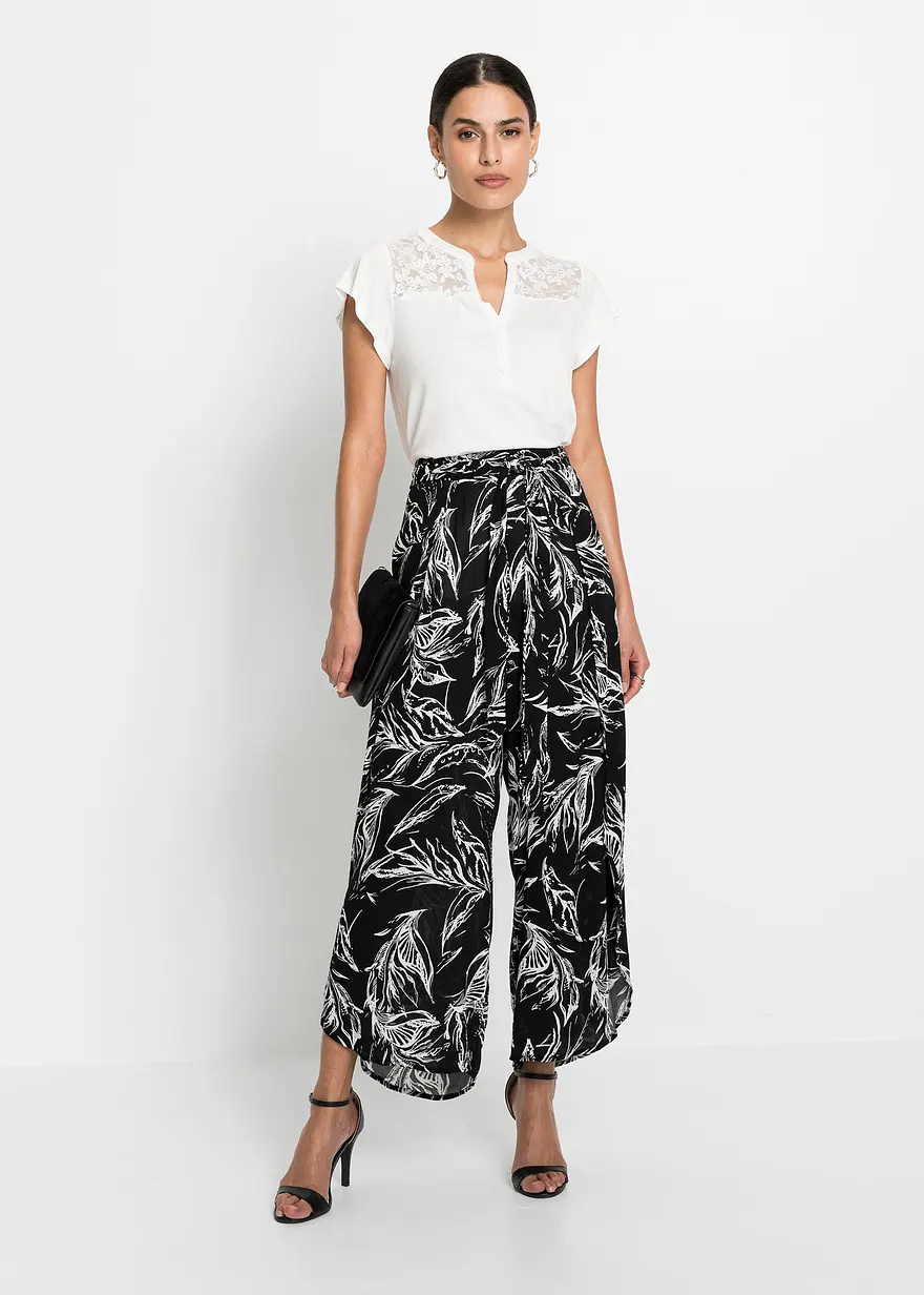 Bonprix Moderne Hose Mit Bindegürtel Und Schönem Druck - Schwarz - Damen