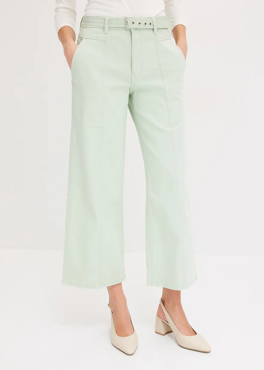 Bonprix Moderne Hose Mit Kurzem Bein Und Gürtel - Grün - Damen