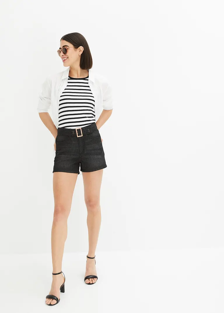 Bonprix Moderne Jeans-Shorts Mit Gürtel - Schwarz Denim - Damen