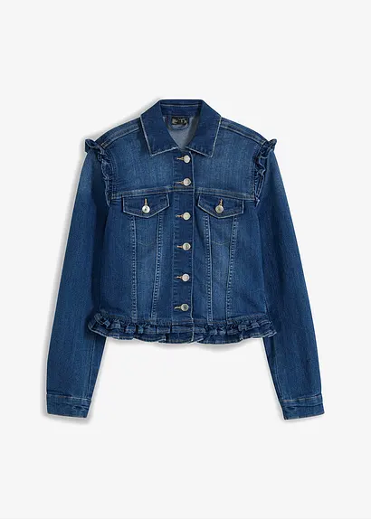 bonprix Moderne Jeansjacke mit Rüschen auf der Schulter - blau