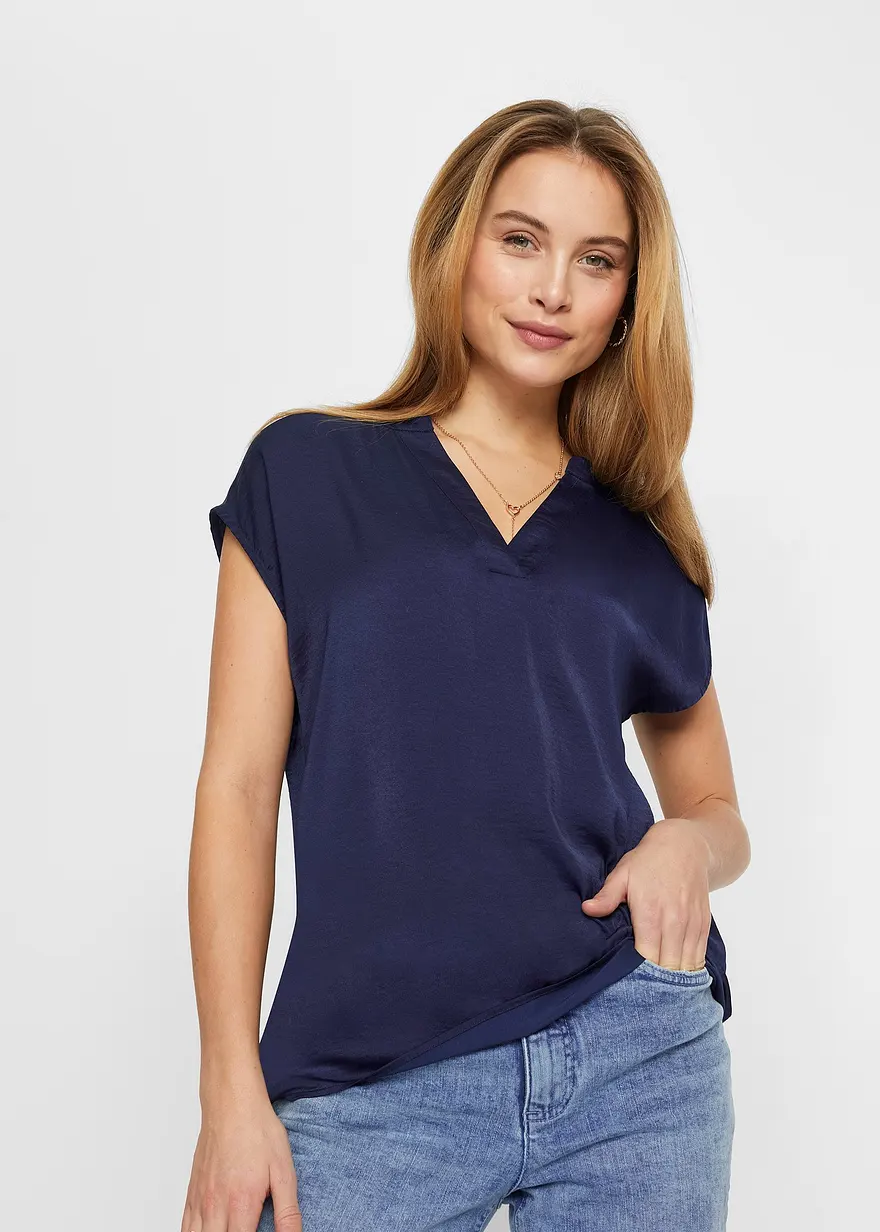 Bonprix Moderne Leicht Glänzende Bluse Mit Henley-Kragen - Blau