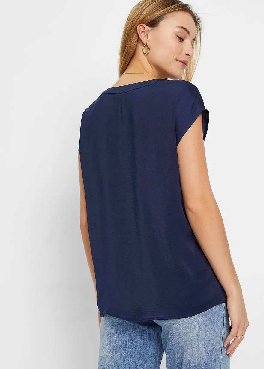 Bonprix Moderne Leicht Glänzende Bluse Mit Henley-Kragen - Blau