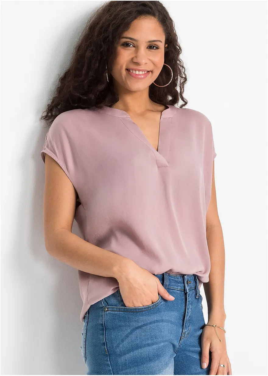 Bonprix Moderne Leicht Glänzende Bluse Mit Henley-Kragen - Rosa
