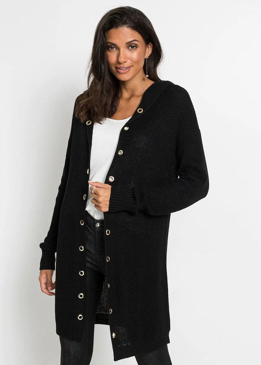 Bonprix Moderne Longstrickjacke Mit Taschen - Schwarz - Damen