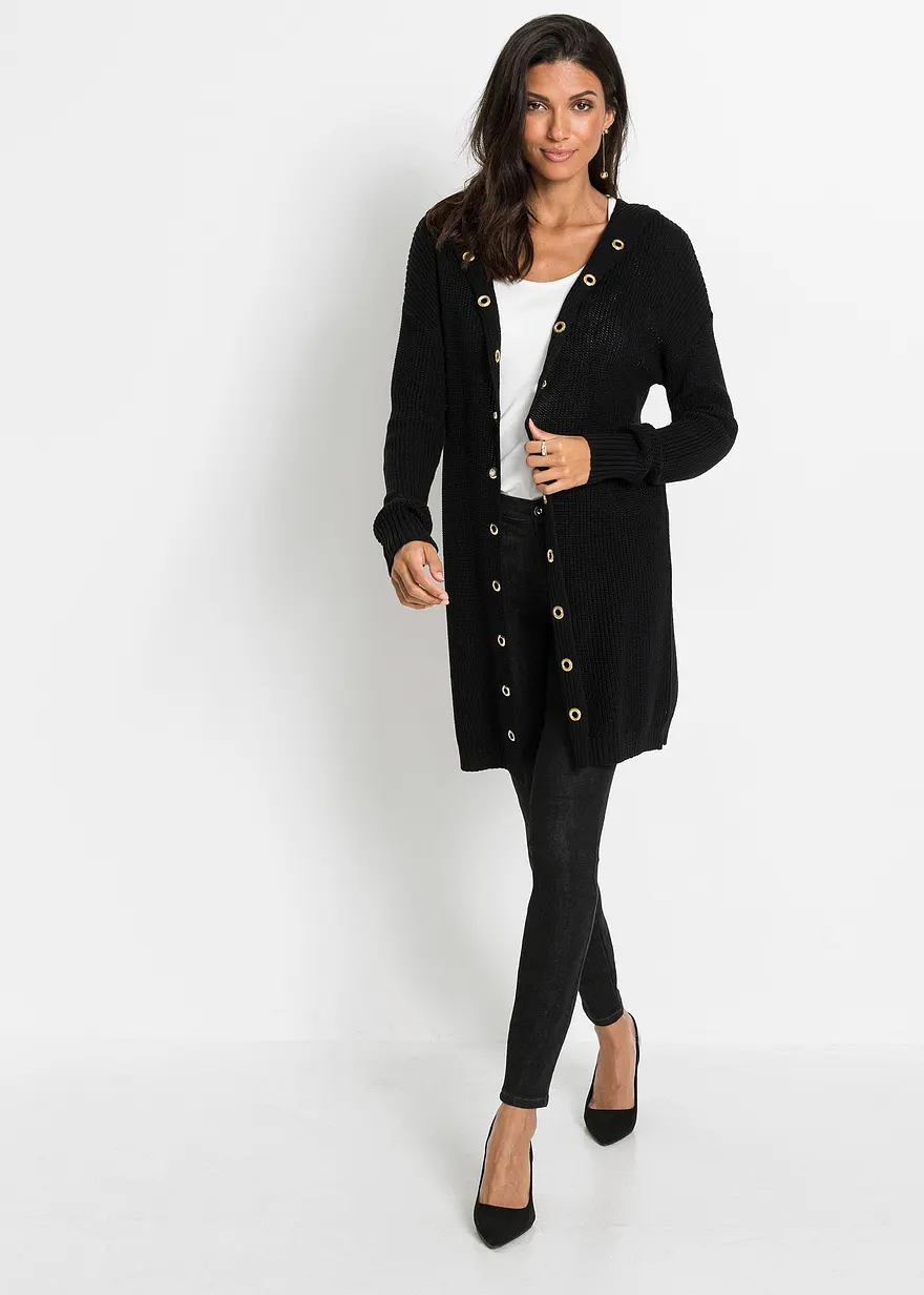 Bonprix Moderne Longstrickjacke Mit Taschen - Schwarz - Damen