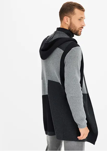 Bonprix Moderne Mehrfarbige Kapuzen-Longstrickjacke - Schwarz