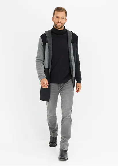 Bonprix Moderne Mehrfarbige Kapuzen-Longstrickjacke - Schwarz