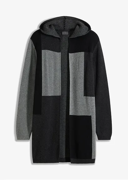bonprix Moderne mehrfarbige Kapuzen-Longstrickjacke - schwarz