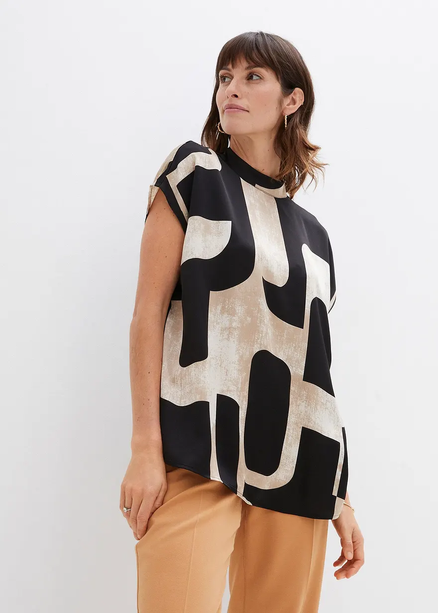 Bonprix Moderne Satin Tunika Mit Stehkragen - Schwarz - Damen