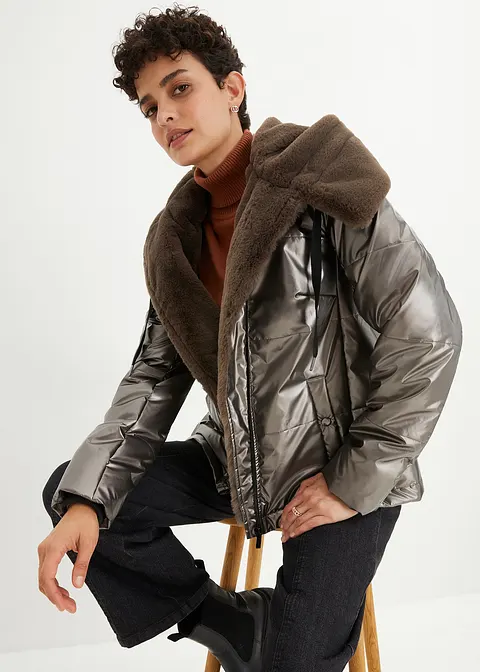 Bonprix Moderne Steppjacke Aus Glänzendem Material Und Fellimitat-Kapuze