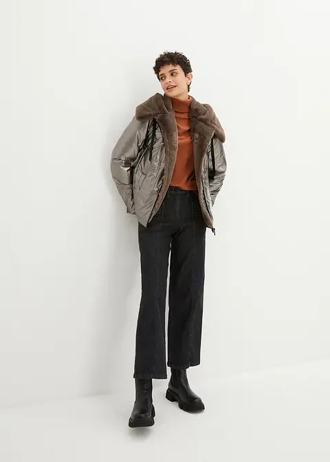 Bonprix Moderne Steppjacke Aus Glänzendem Material Und Fellimitat-Kapuze