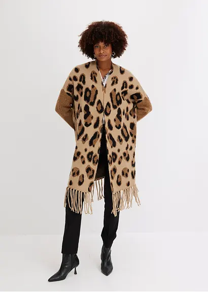 Bonprix Moderne Strickjacke Mit Leo-Motiv Und Fransen - Beige