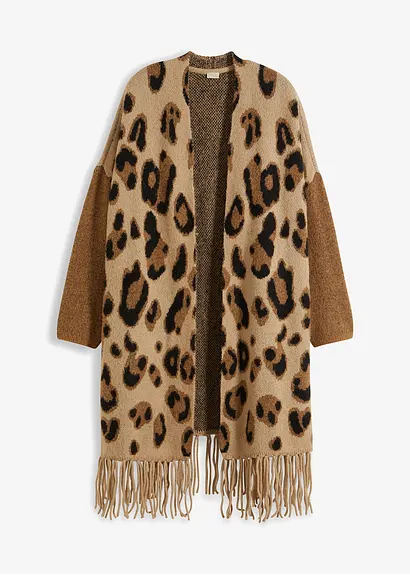 bonprix Moderne Strickjacke mit Leo-Motiv und Fransen - beige