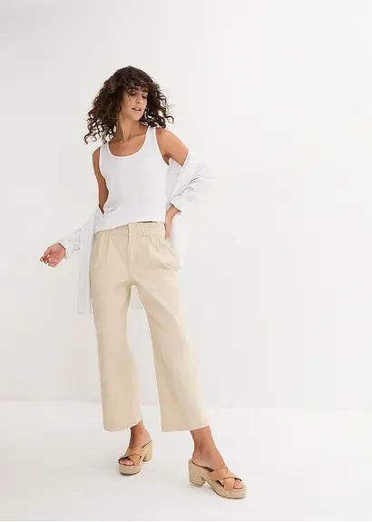 Bonprix Moderne Twill-Culotte Mit Bequembund Und Bundfalten - Beige