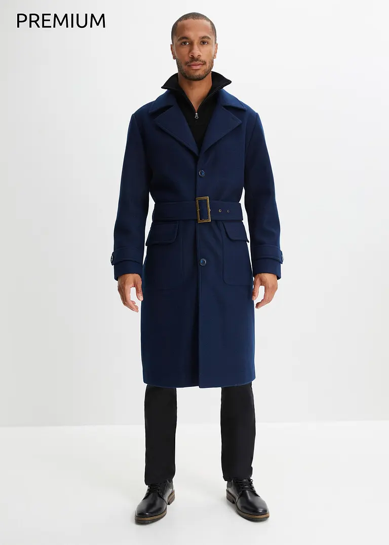 Bonprix Moderner Mantel In Wolloptik Mit Gürtel - Blau - Herren